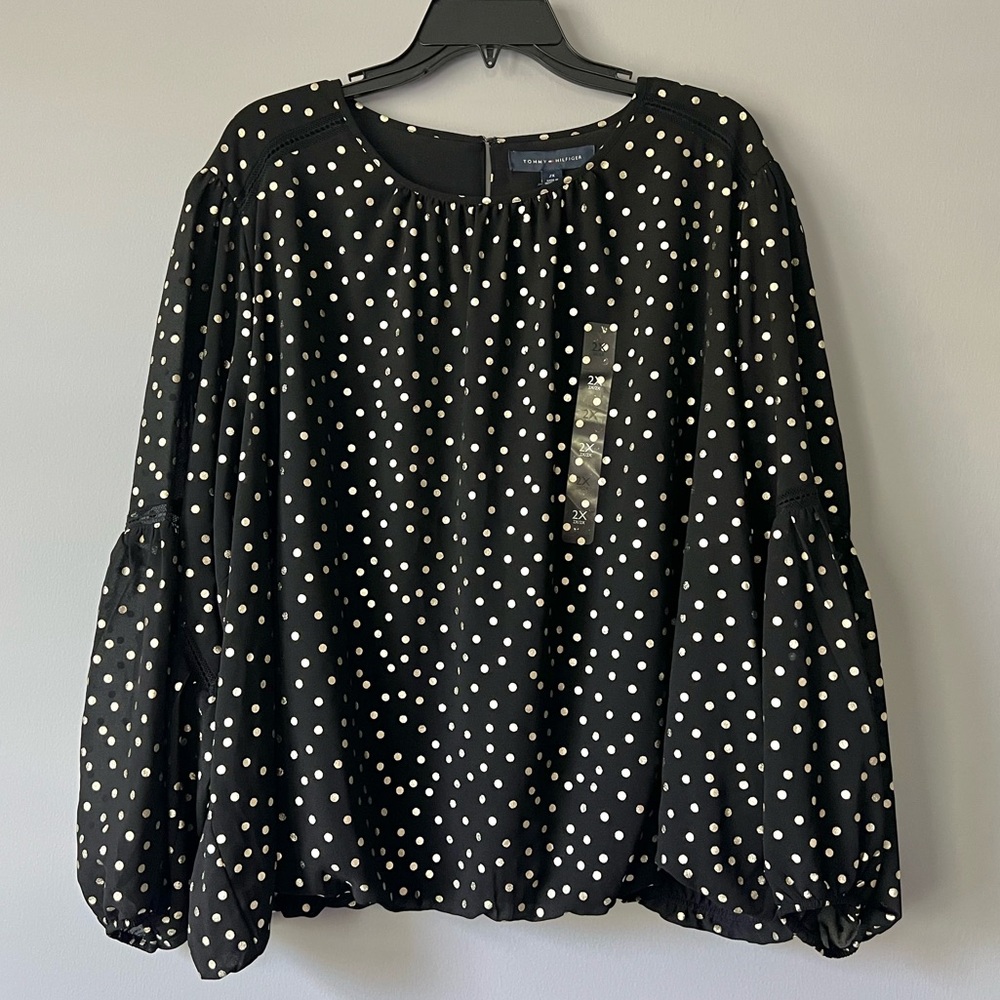 Tommy Hilfiger Womens Gold Metallic Dot Blouson Sleeve Knit Blouse Size 2X
